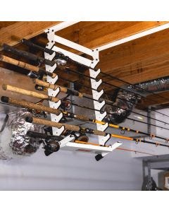 MAXXTUFF Ceiling Mount Rod Holder shown installed in a garage